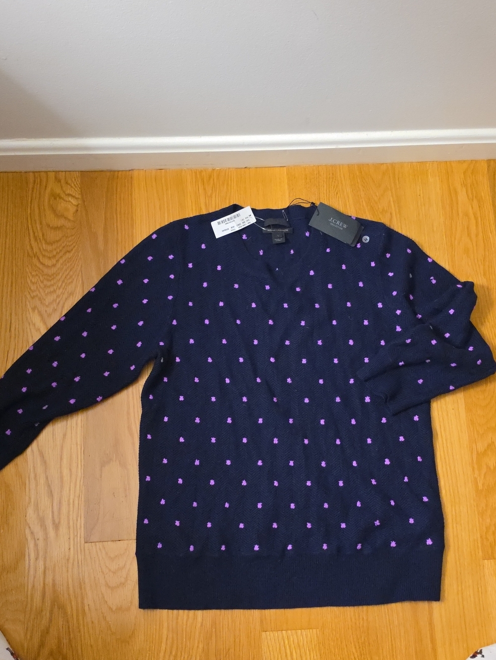 Vintage J. Crew Collection Woman's Cashmere Sweater Navy W/Purple Dots